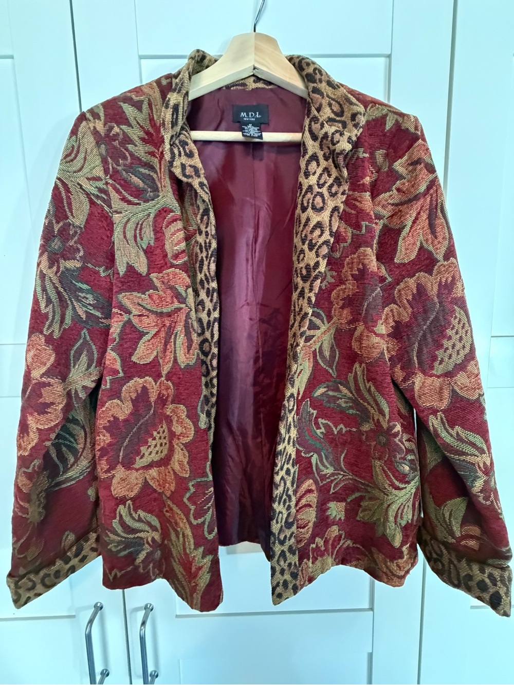 Burgundy Floral Tapestry Blazer with Leopard-Print Trim W